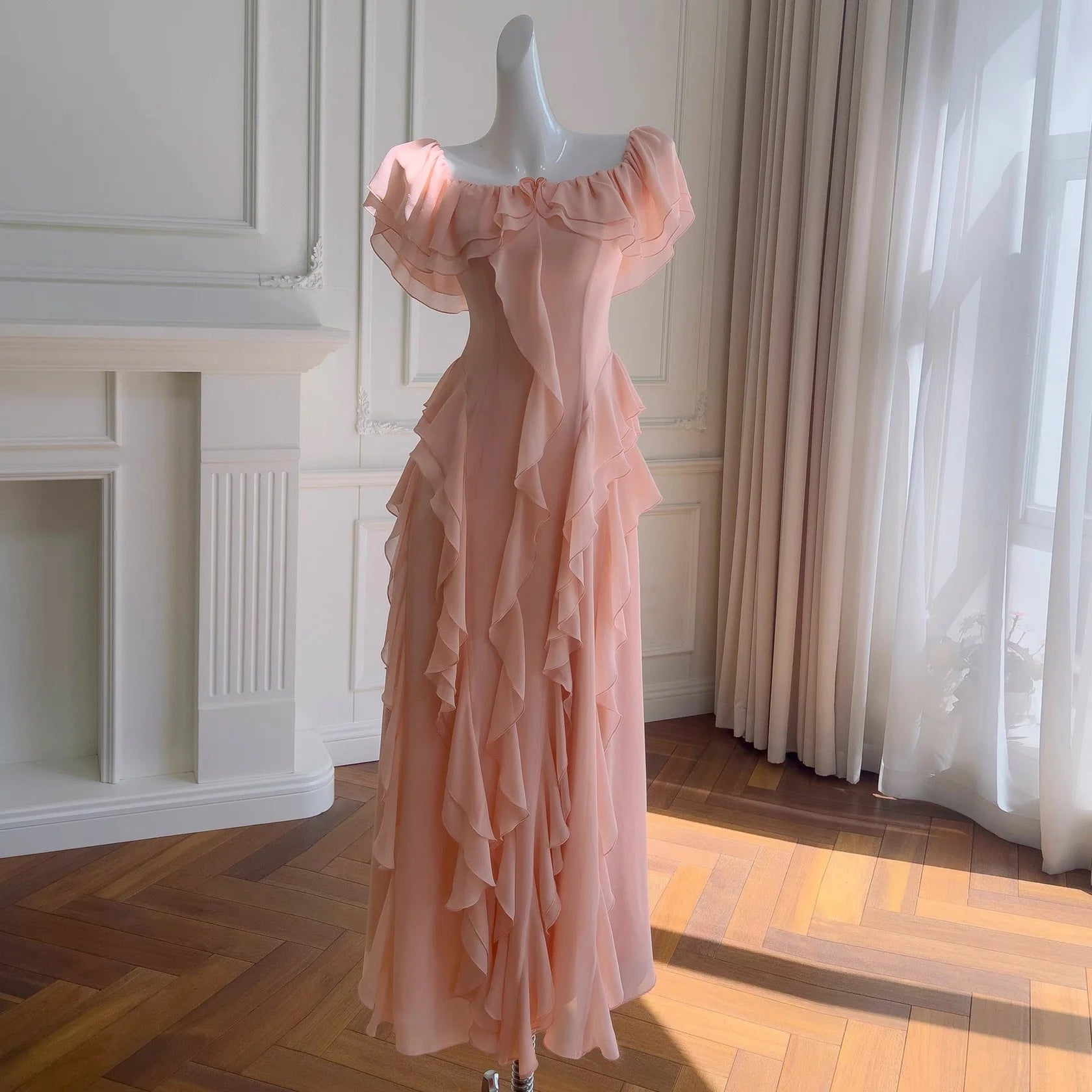 Sexy A Line Off The Shoulder Blush Pink Chiffon Long Prom Dresses Party Dress 20th Birthday Outfits Graduation Dresses simple gentle atmospheric and unique desi Bring summer colors to enhance whiteness