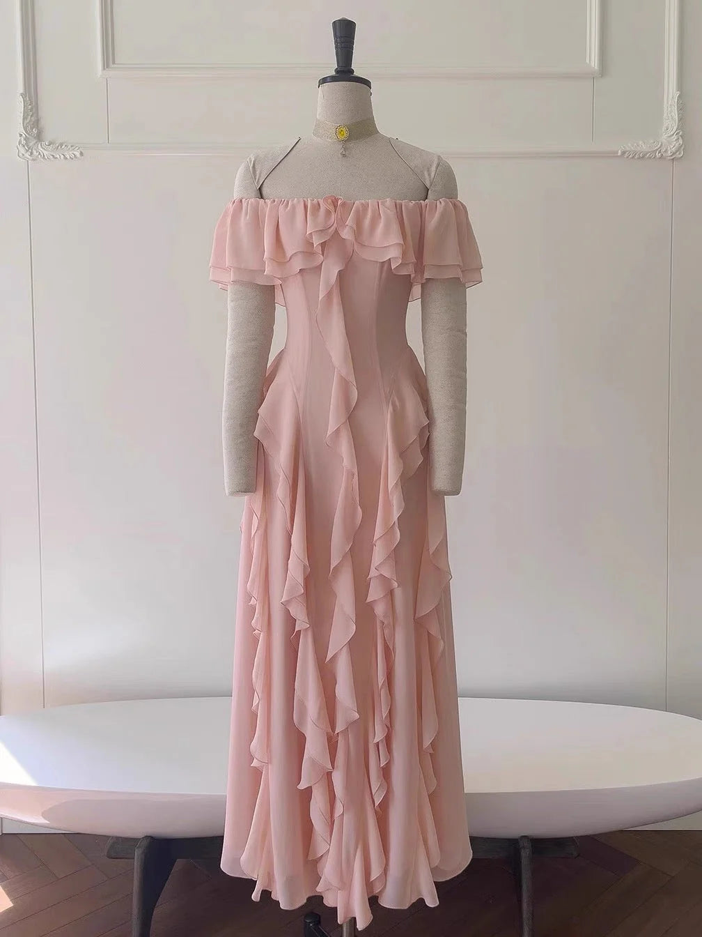 Sexy A Line Off The Shoulder Blush Pink Chiffon Long Prom Dresses Party Dress 20th Birthday Outfits Graduation Dresses simple gentle atmospheric and unique desi Bring summer colors to enhance whiteness