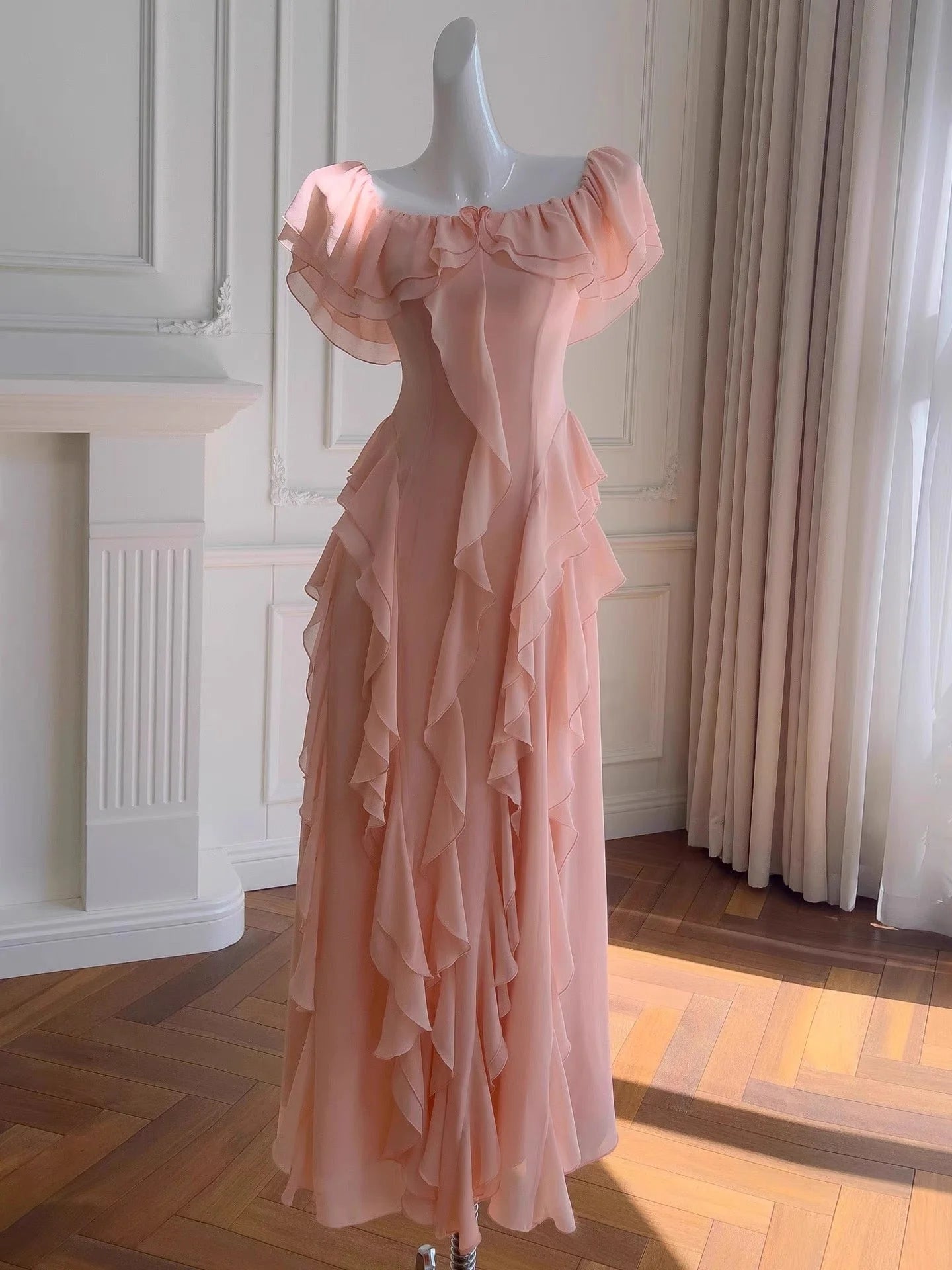 Sexy A Line Off The Shoulder Blush Pink Chiffon Long Prom Dresses Party Dress 20th Birthday Outfits Graduation Dresses simple gentle atmospheric and unique desi Bring summer colors to enhance whiteness