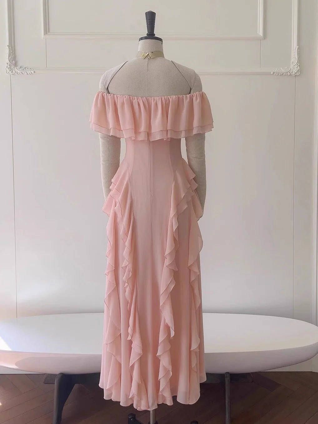 Sexy A Line Off The Shoulder Blush Pink Chiffon Long Prom Dresses Party Dress 20th Birthday Outfits Graduation Dresses simple gentle atmospheric and unique desi Bring summer colors to enhance whiteness