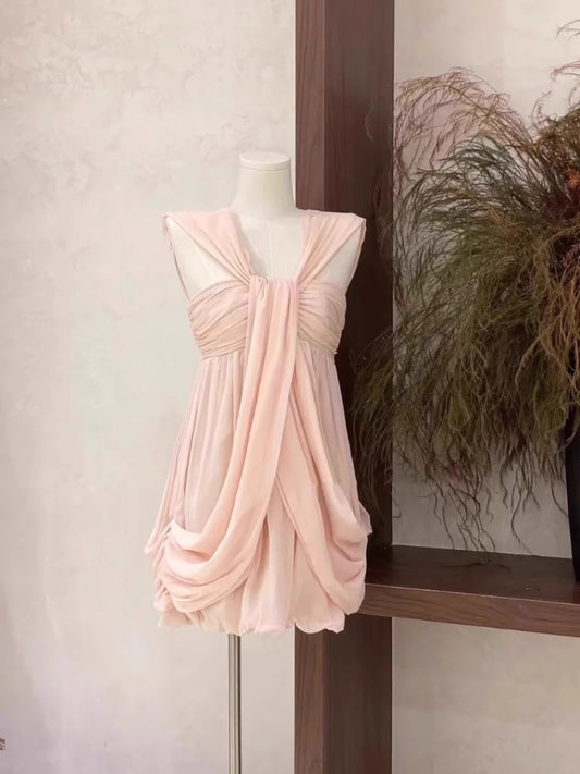 Sexy A Line Ruffled Chiffon Pink Short Women's Holiday Dresses simple gentle atmospheric and unique desi Bring summer colors to enhance whiteness
