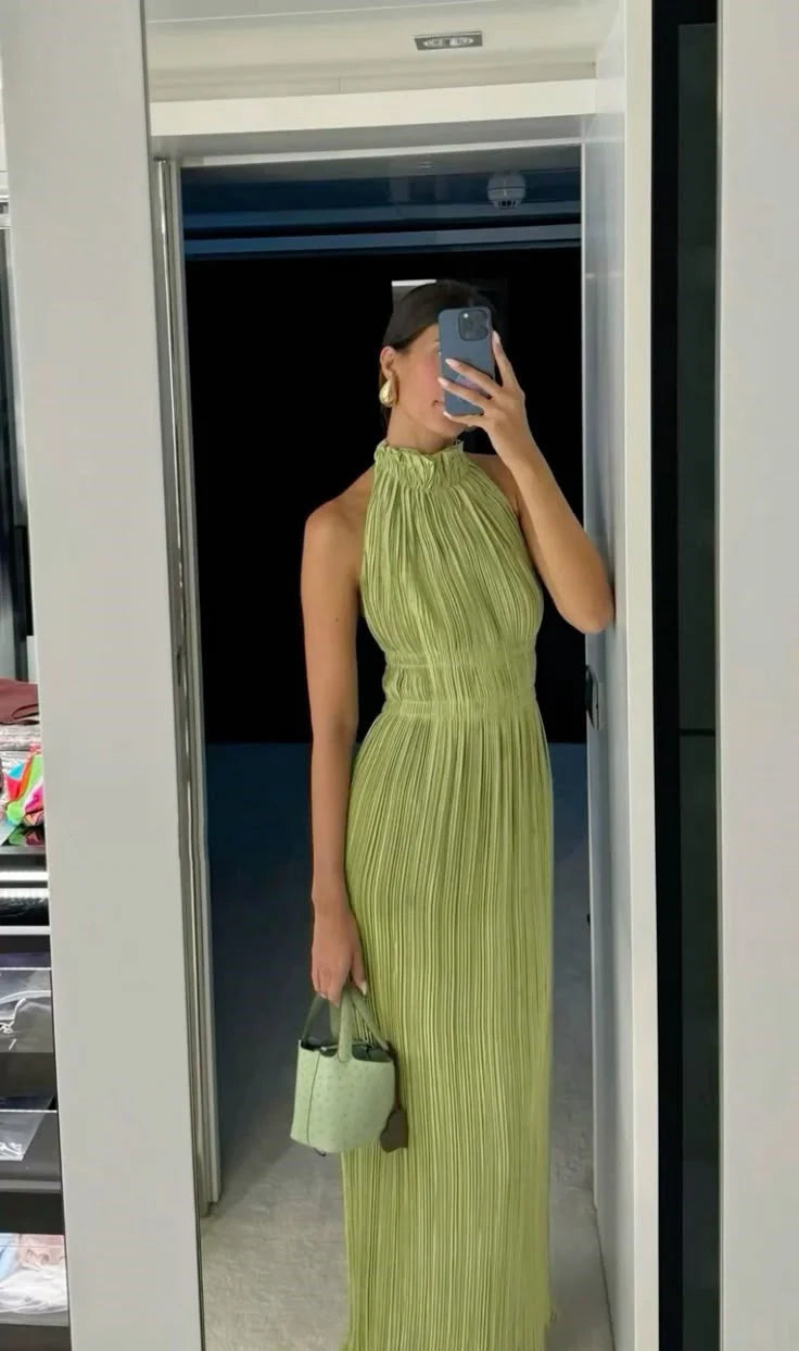 Sexy A line High Neck Sage Green Chiffon Prom Dresses Formal Summer Wedding Guest Dresses Wedding Guest Outfit  simple gentle atmospheric and unique desi Bring summer colors to enhance whiteness