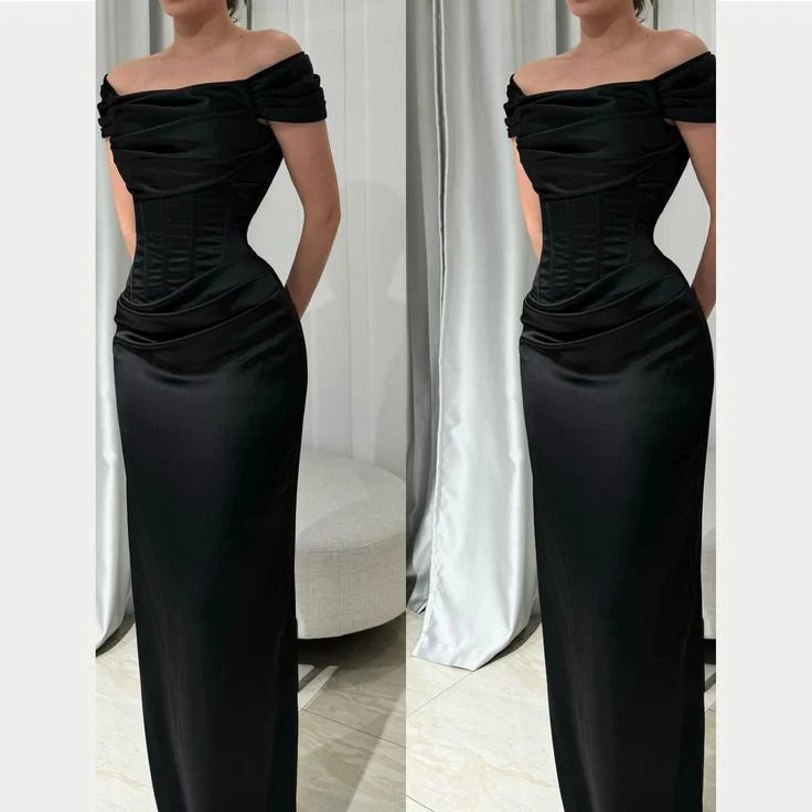 Sexy A line Off The Shoulder Black Satin Prom Dresses Formal Summer Wedding Guest Dresses Wedding Guest Outfits  simple gentle atmospheric and unique desi Bring summer colors to enhance whiteness