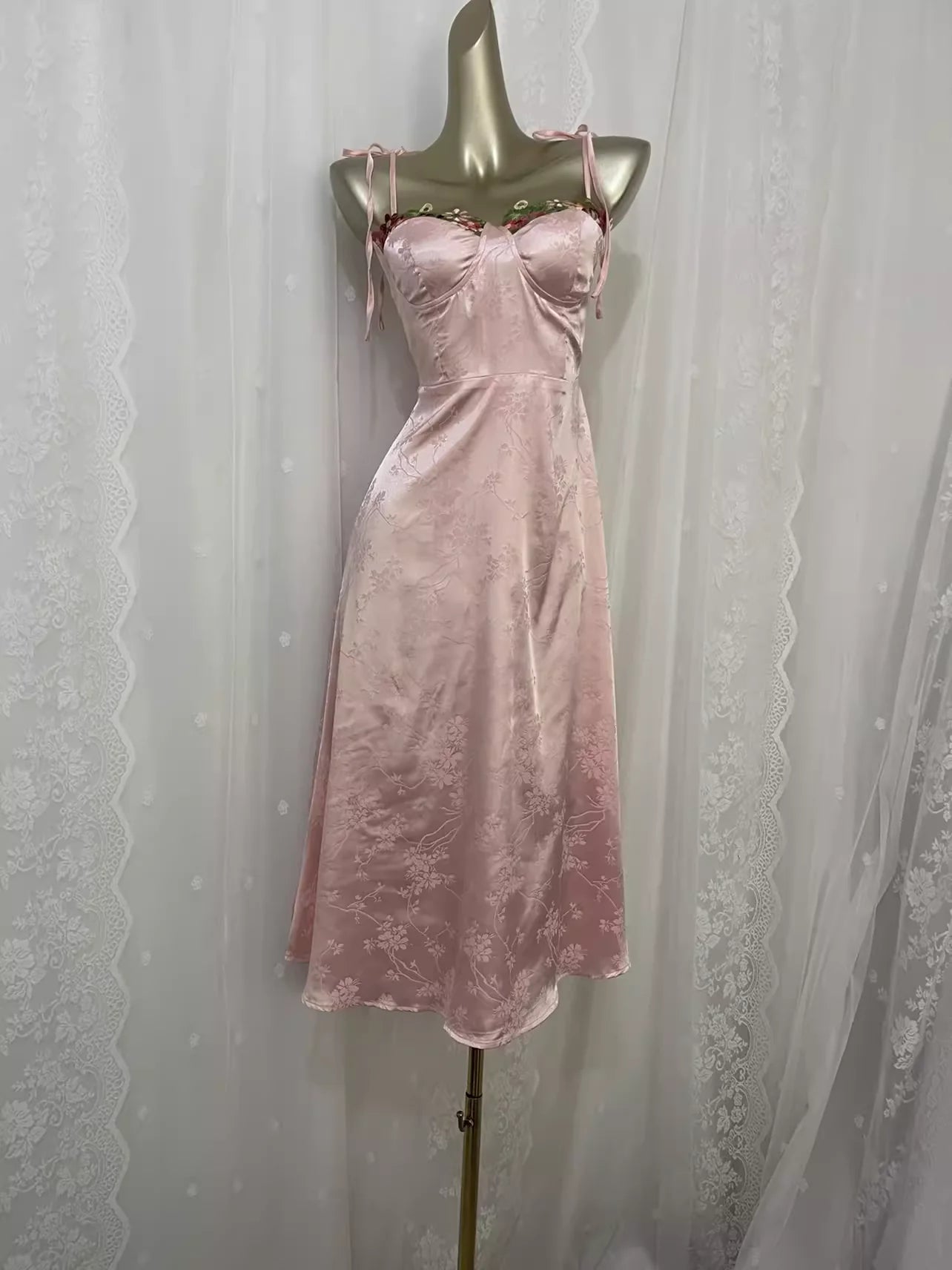 Sexy A line Spagetti Straps Pink Satin Floral Vacation Dress Birthday Dresses simple gentle atmospheric and unique desi Bring summer colors to enhance whiteness