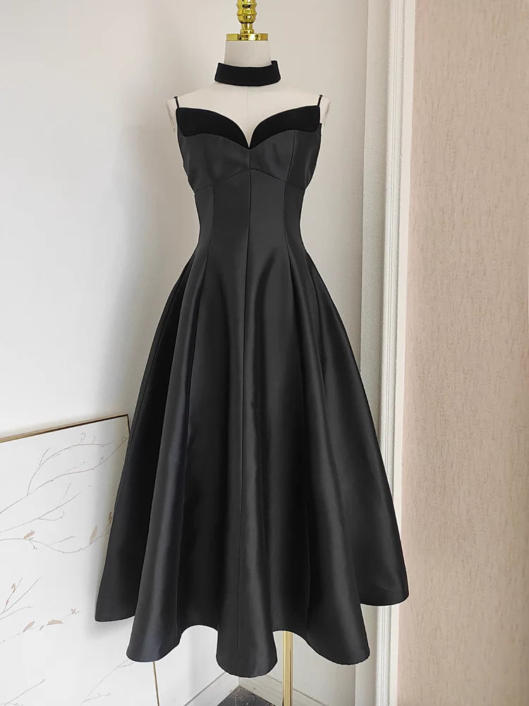 Sexy A line Spaghetti Straps Black Vacation Dress Satin Women Dresses simple gentle atmospheric and unique desi Bring summer colors to enhance whiteness