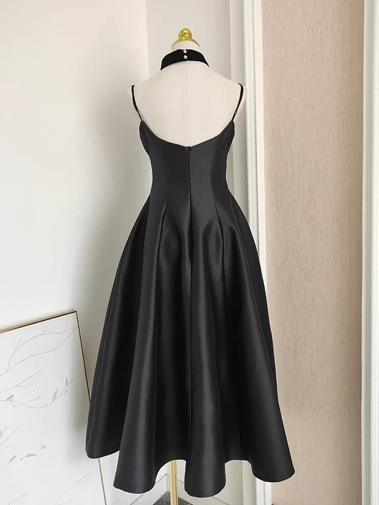Sexy A line Spaghetti Straps Black Vacation Dress Satin Women Dresses simple gentle atmospheric and unique desi Bring summer colors to enhance whiteness