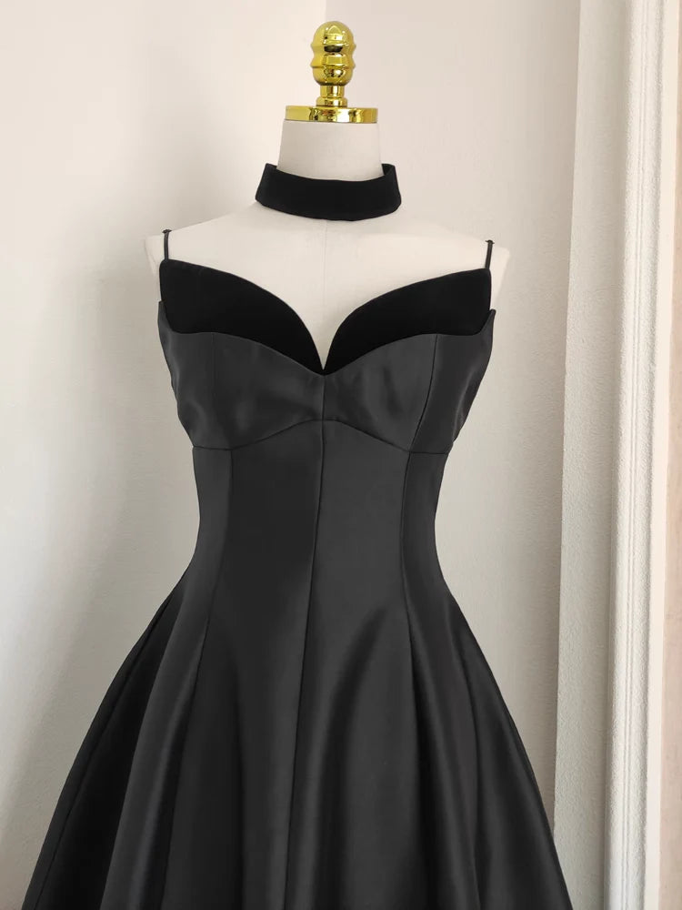 Sexy A line Spaghetti Straps Black Vacation Dress Satin Women Dresses simple gentle atmospheric and unique desi Bring summer colors to enhance whiteness