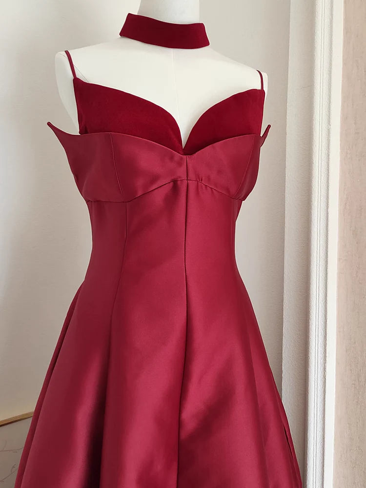 Sexy A line Spaghetti Straps Burgundy Vacation Dress Satin Women Dresses simple gentle atmospheric and unique desi Bring summer colors to enhance whiteness
