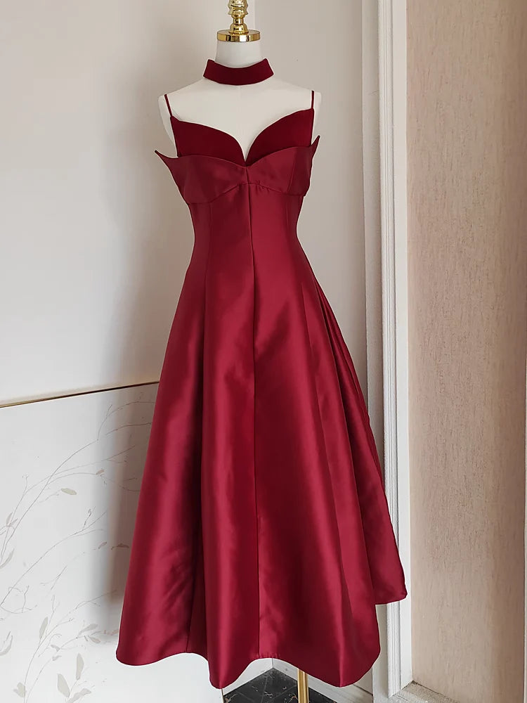 Sexy A line Spaghetti Straps Burgundy Vacation Dress Satin Women Dresses simple gentle atmospheric and unique desi Bring summer colors to enhance whiteness