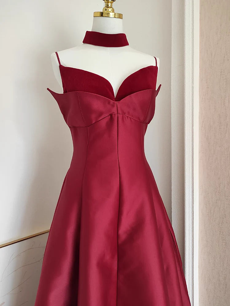 Sexy A line Spaghetti Straps Burgundy Vacation Dress Satin Women Dresses simple gentle atmospheric and unique desi Bring summer colors to enhance whiteness