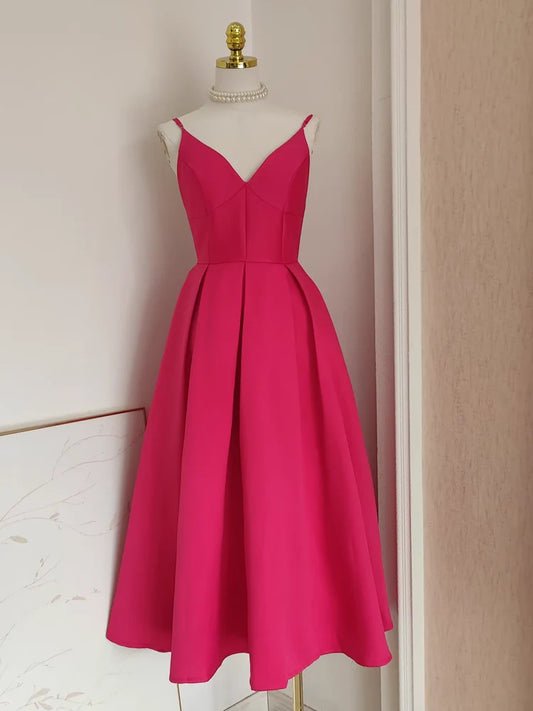 Sexy A line Spaghetti Straps Hot Pink Vacation Dress Satin Women Birthday Dresses simple gentle atmospheric and unique desi Bring summer colors to enhance whiteness