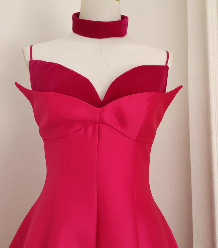 Sexy A line Spaghetti Straps Hot Pink Vacation Dress Satin Women Dresses simple gentle atmospheric and unique desi Bring summer colors to enhance whiteness