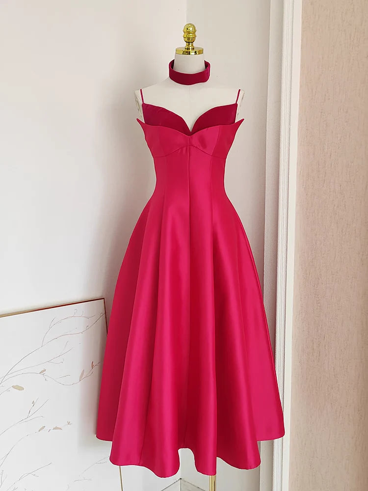 Sexy A line Spaghetti Straps Hot Pink Vacation Dress Satin Women Dresses simple gentle atmospheric and unique desi Bring summer colors to enhance whiteness