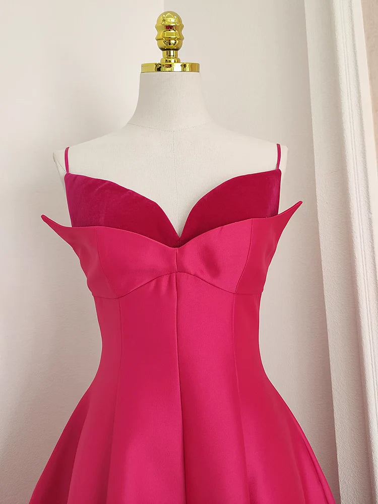 Sexy A line Spaghetti Straps Hot Pink Vacation Dress Satin Women Dresses simple gentle atmospheric and unique desi Bring summer colors to enhance whiteness