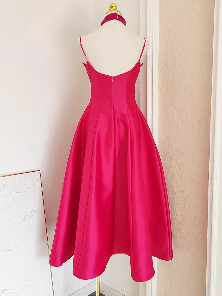 Sexy A line Spaghetti Straps Hot Pink Vacation Dress Satin Women Dresses simple gentle atmospheric and unique desi Bring summer colors to enhance whiteness