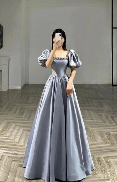 Sexy A line Square Neckline Short Sleeves Silver Satin Prom Dresses Party Evening Dress formal wear dresses