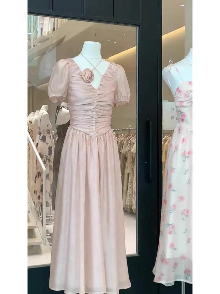 Sexy A line V Neckline Pink Chiffon Beach Dress Women's Vacation Dresses simple gentle atmospheric and unique desi Bring summer colors to enhance whiteness