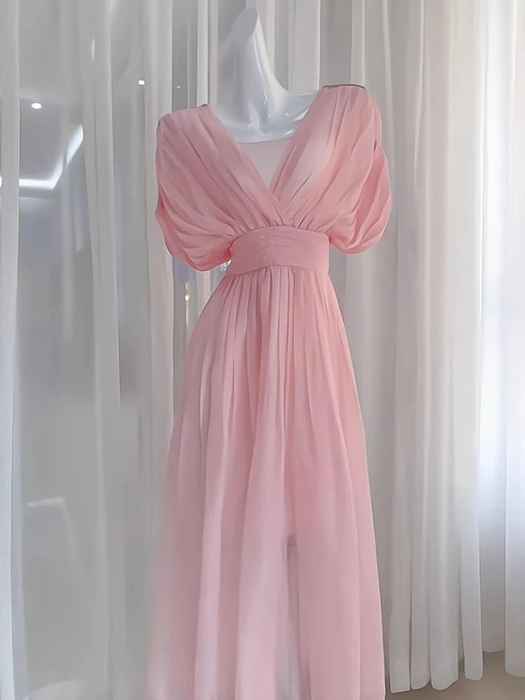 Sexy A line V Neckline Ruffled Pink Chiffon Beach Dress Women's Vacation Dresses simple gentle atmospheric and unique desi Bring summer colors to enhance whiteness