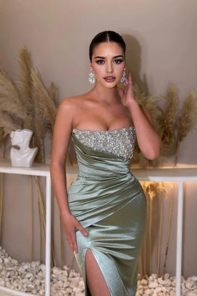 Sexy Beautiful Sleeveless Column Satin Evening Gown with Beaded Embellishments Simple gentle atmospheric and unique design