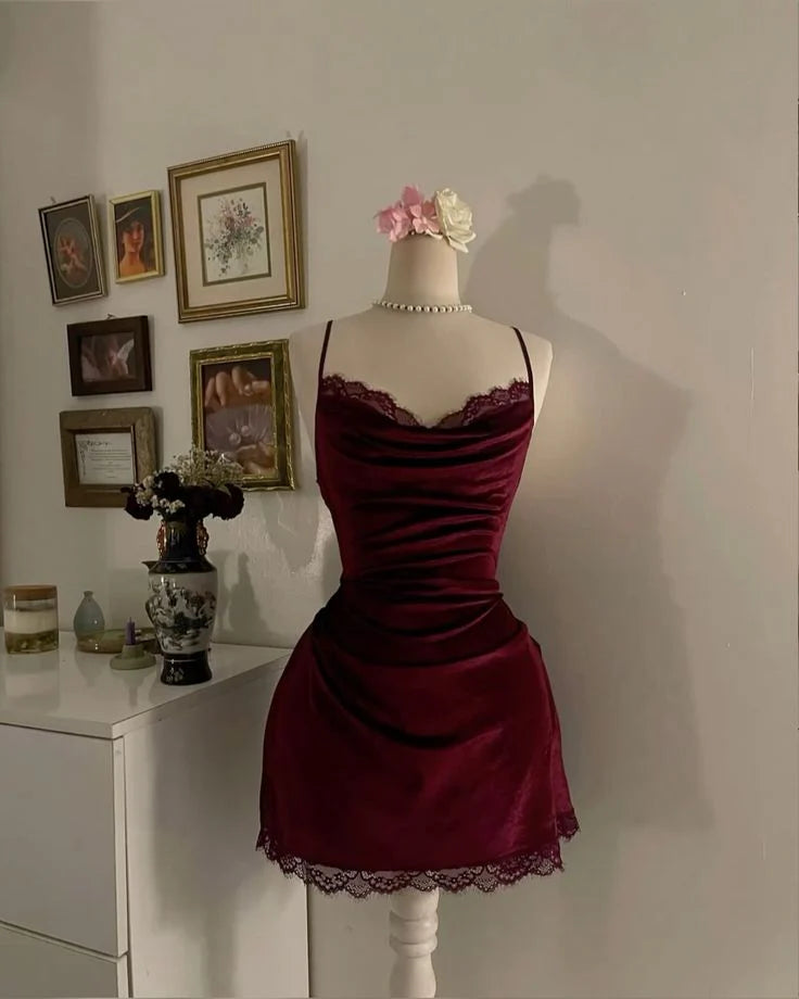 Sexy Burgundy A Line Spaghetti Strap Lace Satin Homecoming Dress Cocktail Dress Outfit simple gentle atmospheric and unique desi Bring summer colors to enhance whiteness