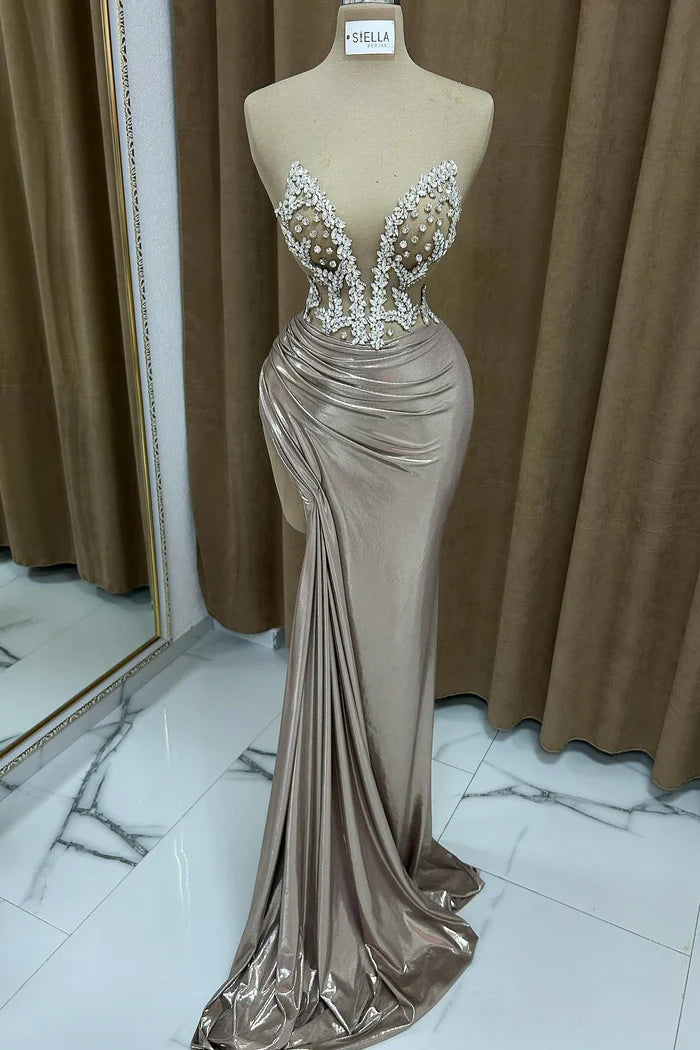 Sexy Column Strapless Sleeveless Ruffled Satin High Slit Prom Dress Simple gentle atmospheric and unique design
