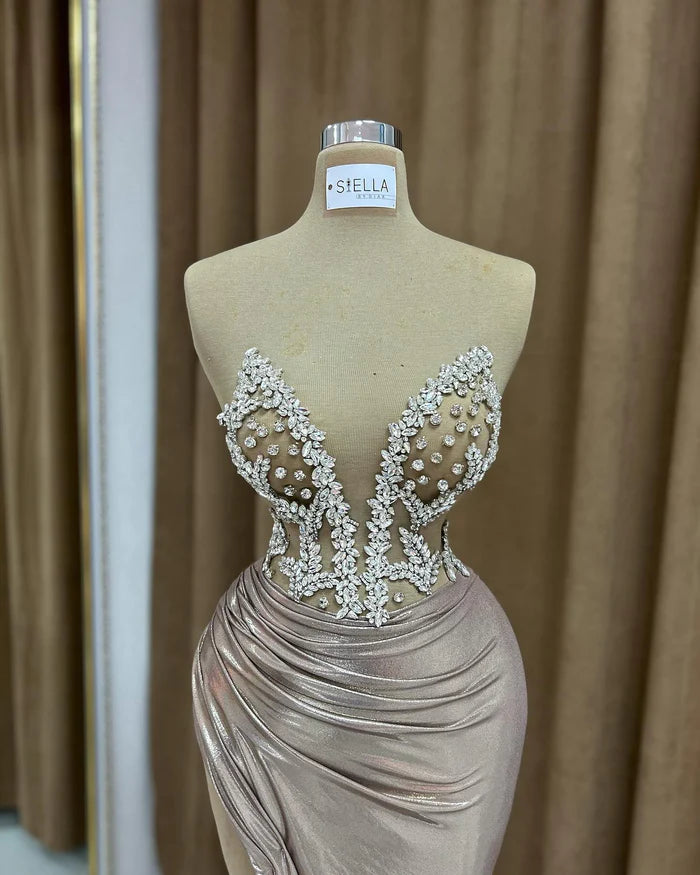 Sexy Column Strapless Sleeveless Ruffled Satin High Slit Prom Dress Simple gentle atmospheric and unique design