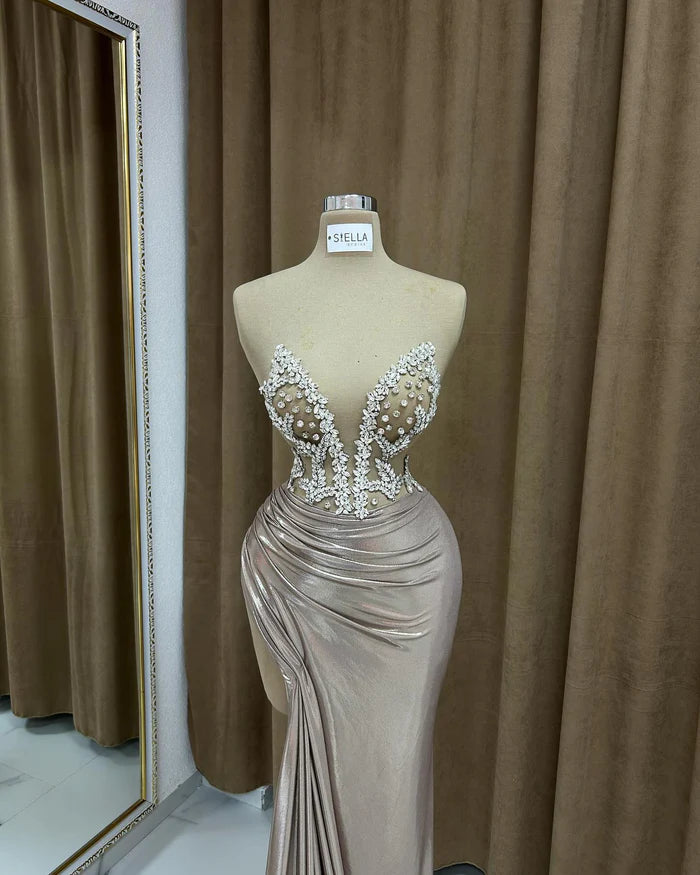 Sexy Column Strapless Sleeveless Ruffled Satin High Slit Prom Dress Simple gentle atmospheric and unique design
