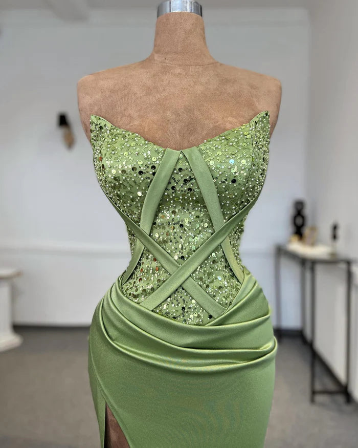 Sexy Column Strapless Sleeveless Sequined Satin Evening Dress for Women Simple gentle atmospheric and unique design