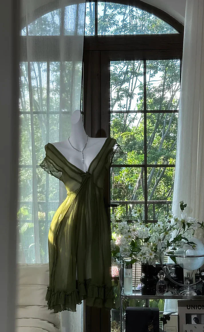 Sexy Dark Green Flowy A Line V Neck Chiffon Short Homecoming Dress Cocktail Dress simple gentle atmospheric and unique desi Bring summer colors to enhance whiteness