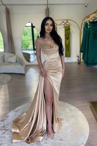 Sexy Elegant Pink Mermaid high split Prom Dress Simple gentle atmospheric and unique design