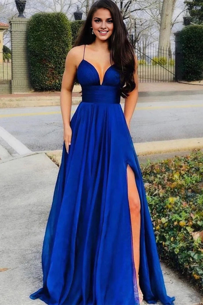Sexy Floor-Length Sleeveless A-Line Satin Prom Dress with High Side Slit Simple gentle atmospheric and unique design  ﻿