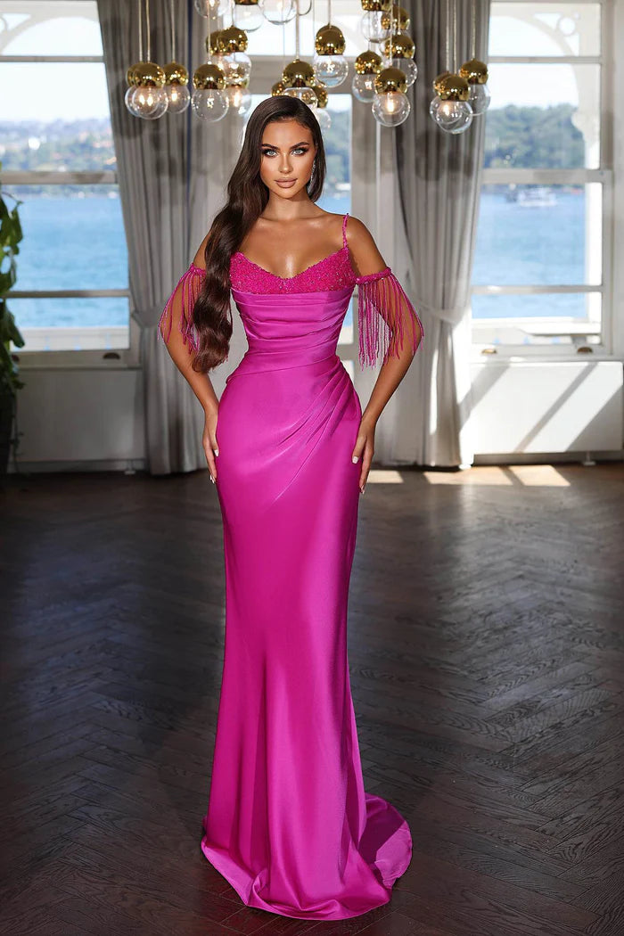 Sexy Floor-Length Spaghetti-Strap Mermaid Satin Evening Dress with Intricate Beads Simple gentle atmospheric and unique design  ﻿
