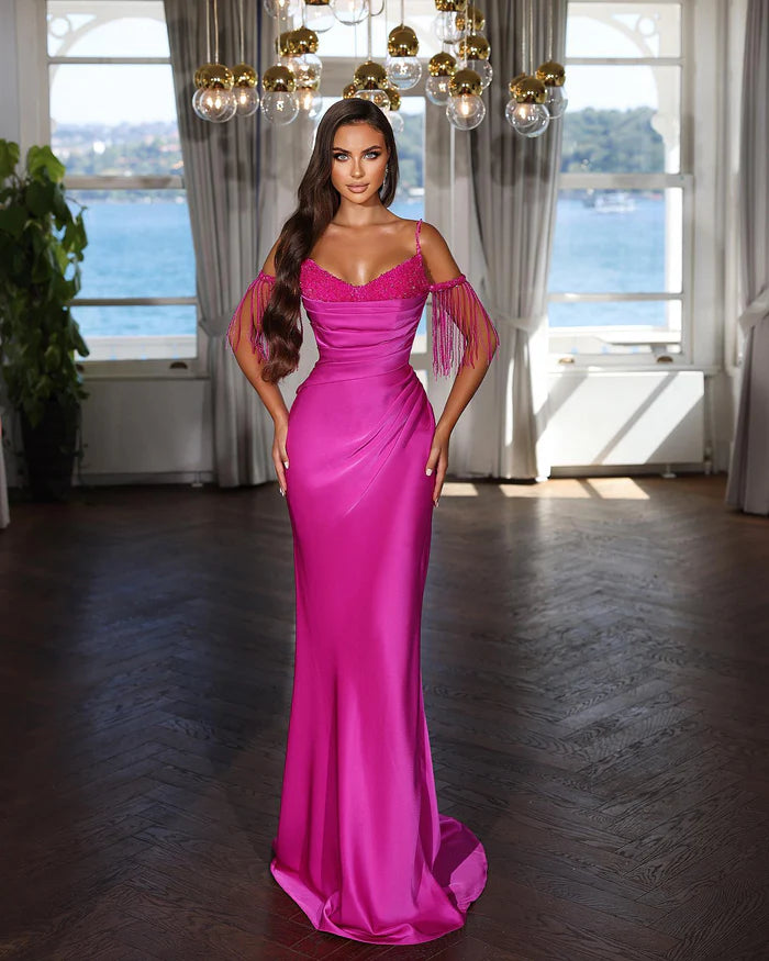 Sexy Floor-Length Spaghetti-Strap Mermaid Satin Evening Dress with Intricate Beads Simple gentle atmospheric and unique design  ﻿