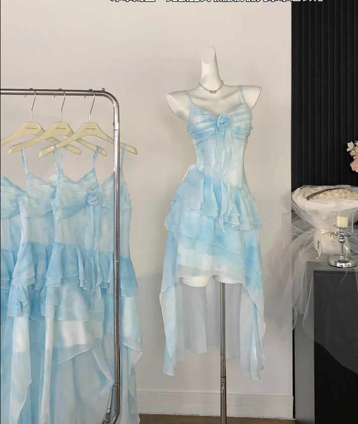 Sexy High Low Spaghetti Straps Ice Blue Ombre Dress Beach Holiday Dresses  simple gentle atmospheric and unique desi Bring summer colors to enhance whiteness