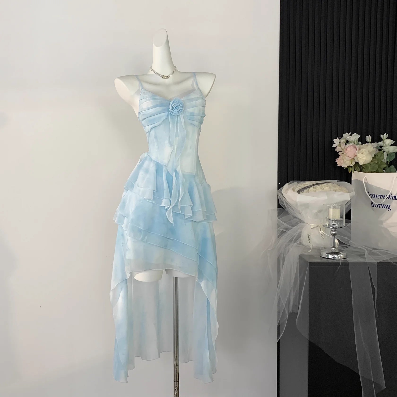 Sexy High Low Spaghetti Straps Ice Blue Ombre Dress Beach Holiday Dresses  simple gentle atmospheric and unique desi Bring summer colors to enhance whiteness