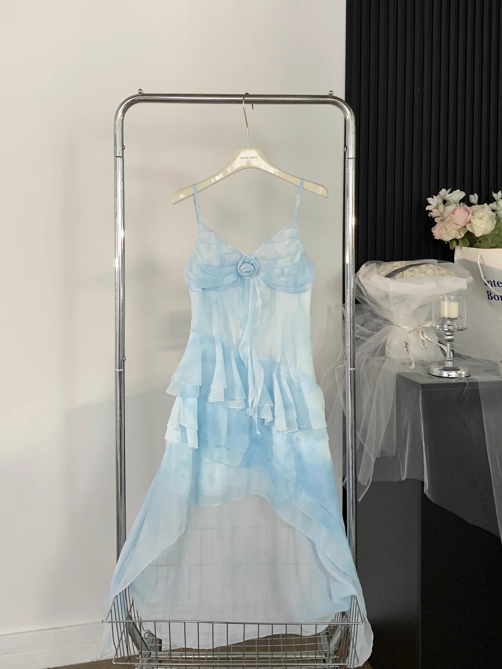 Sexy High Low Spaghetti Straps Ice Blue Ombre Dress Beach Holiday Dresses  simple gentle atmospheric and unique desi Bring summer colors to enhance whiteness