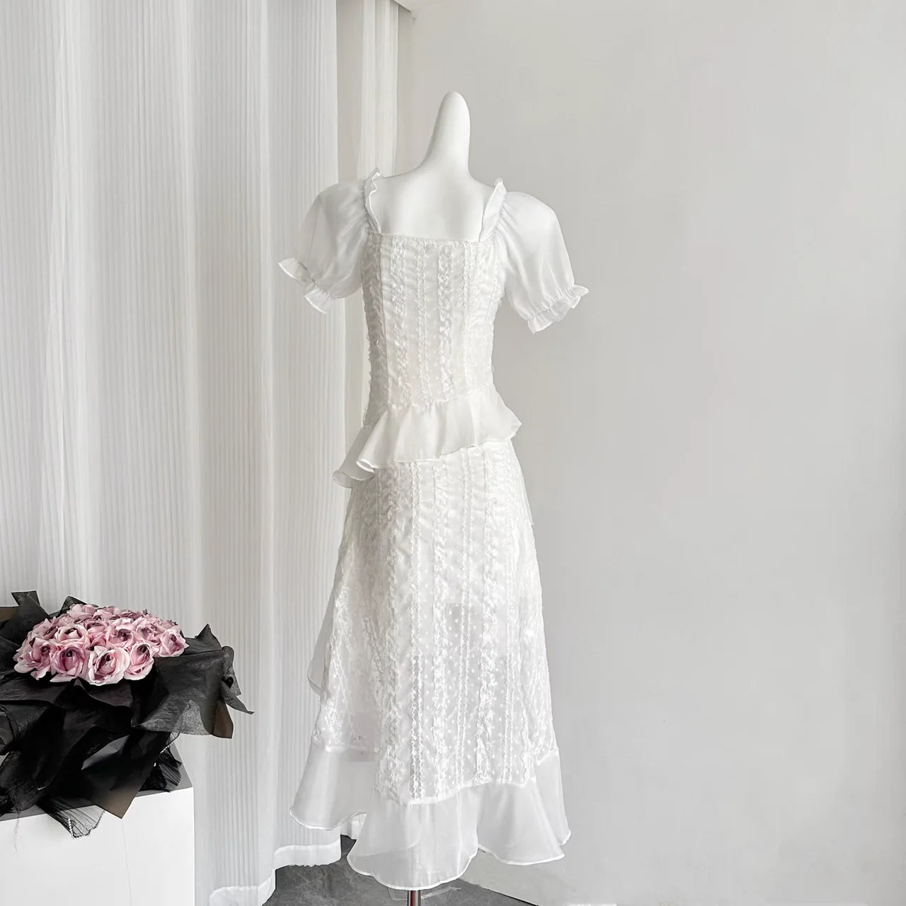 Sexy High Low Square Neckline White Lace Ruffles Dress Beach Holiday Dresses simple gentle atmospheric and unique desi Bring summer colors to enhance whiteness