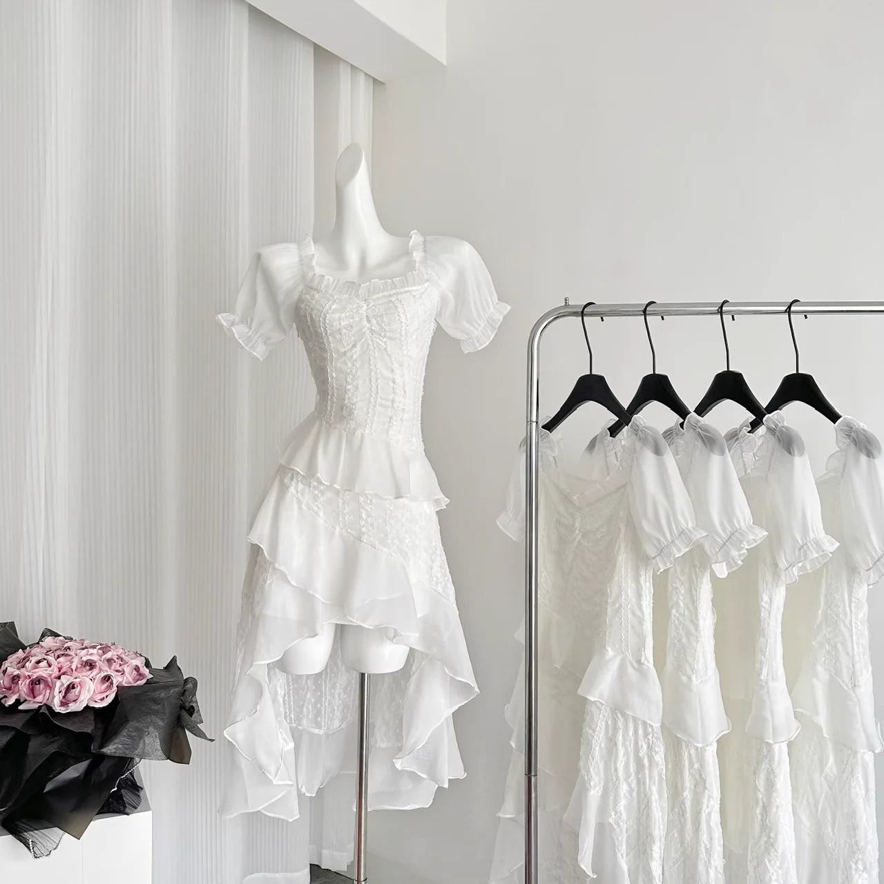 Sexy High Low Square Neckline White Lace Ruffles Dress Beach Holiday Dresses simple gentle atmospheric and unique desi Bring summer colors to enhance whiteness