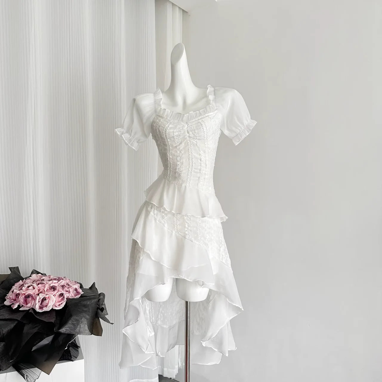 Sexy High Low Square Neckline White Lace Ruffles Dress Beach Holiday Dresses simple gentle atmospheric and unique desi Bring summer colors to enhance whiteness