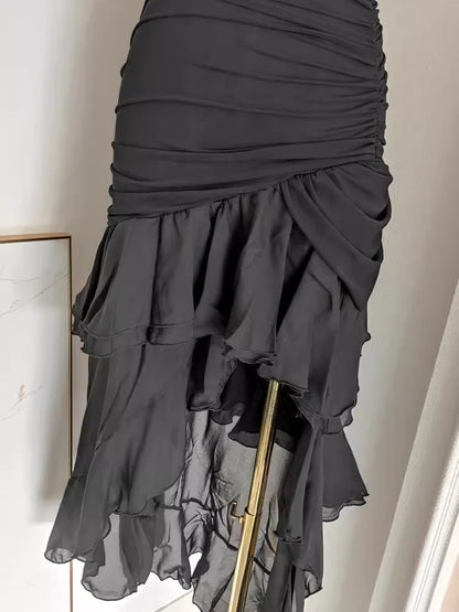 Sexy High Low Strapless Black Chiffon Ruffles Vacation Dress Women Dresses simple gentle atmospheric and unique desi Bring summer colors to enhance whiteness