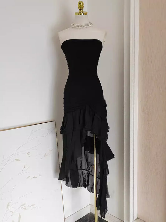Sexy High Low Strapless Black Chiffon Ruffles Vacation Dress Women Dresses simple gentle atmospheric and unique desi Bring summer colors to enhance whiteness