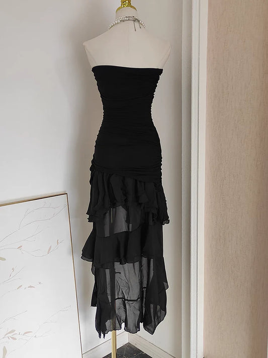 Sexy High Low Strapless Black Chiffon Ruffles Vacation Dress Women Dresses simple gentle atmospheric and unique desi Bring summer colors to enhance whiteness