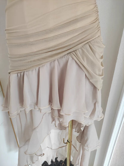 Sexy High Low Strapless Champagne Chiffon Ruffles Vacation Dress Women Dresses simple gentle atmospheric and unique desi Bring summer colors to enhance whiteness