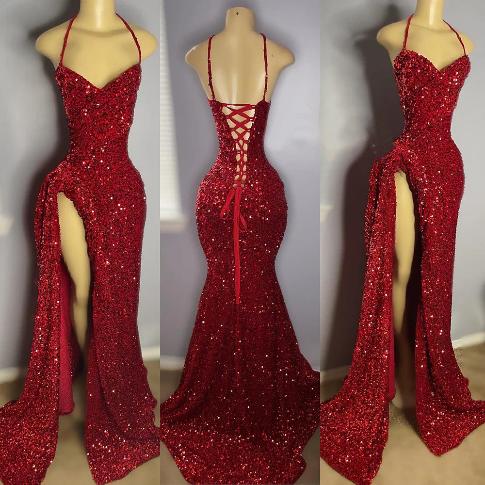 Sexy High Slit Halter Sleeveless Sparkly Red Sequined Long Prom Dresses for Black Girls simple gentle atmospheric and unique desi Bring summer colors to enhance whiten