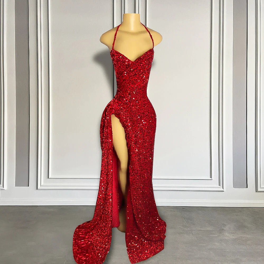 Sexy High Slit Halter Sleeveless Sparkly Red Sequined Long Prom Dresses for Black Girls simple gentle atmospheric and unique desi Bring summer colors to enhance whiten