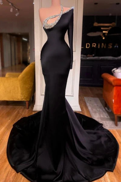 Sexy Long Black One Shoulder Long Sleeve Mermaid Prom Dress with Glitter Accents Simple gentle atmospheric and unique design