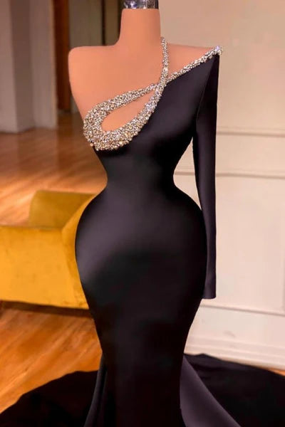 Sexy Long Black One Shoulder Long Sleeve Mermaid Prom Dress with Glitter Accents Simple gentle atmospheric and unique design