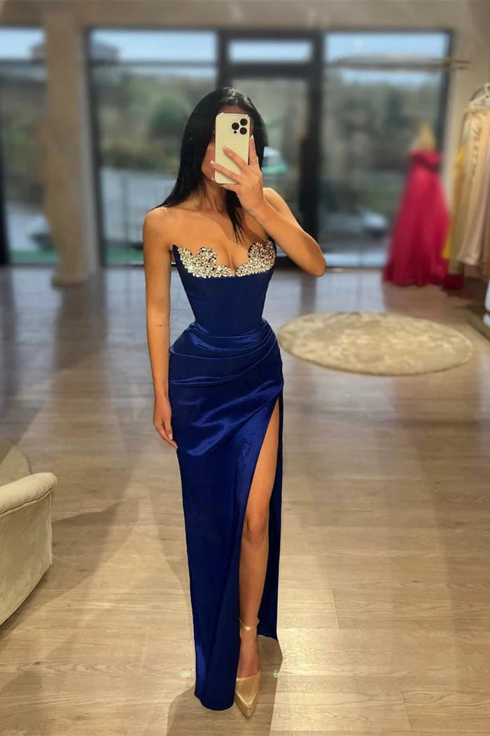 Sexy Long Column Royal Blue Sleeveless Split Prom Dress With Rhinestones Sequins Simple gentle atmospheric and unique design