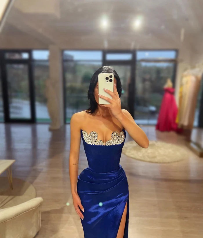 Sexy Long Column Royal Blue Sleeveless Split Prom Dress With Rhinestones Sequins Simple gentle atmospheric and unique design