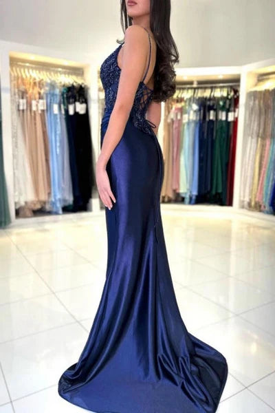 Sexy Long Navy Blue Mermaid V-neck Spaghetti Straps Lace Prom Dress with Slit Simple gentle atmospheric and unique design